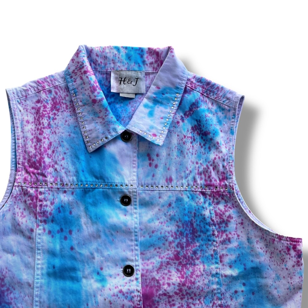 H&J Womens Sz L Blue Pink Tie Dye Splatter Rhinestone Trim Denim Vest Maximalism